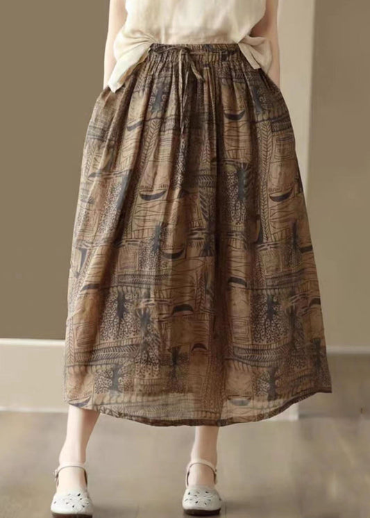Coffee Print Cinched Patchwork Linen Skirts Summer