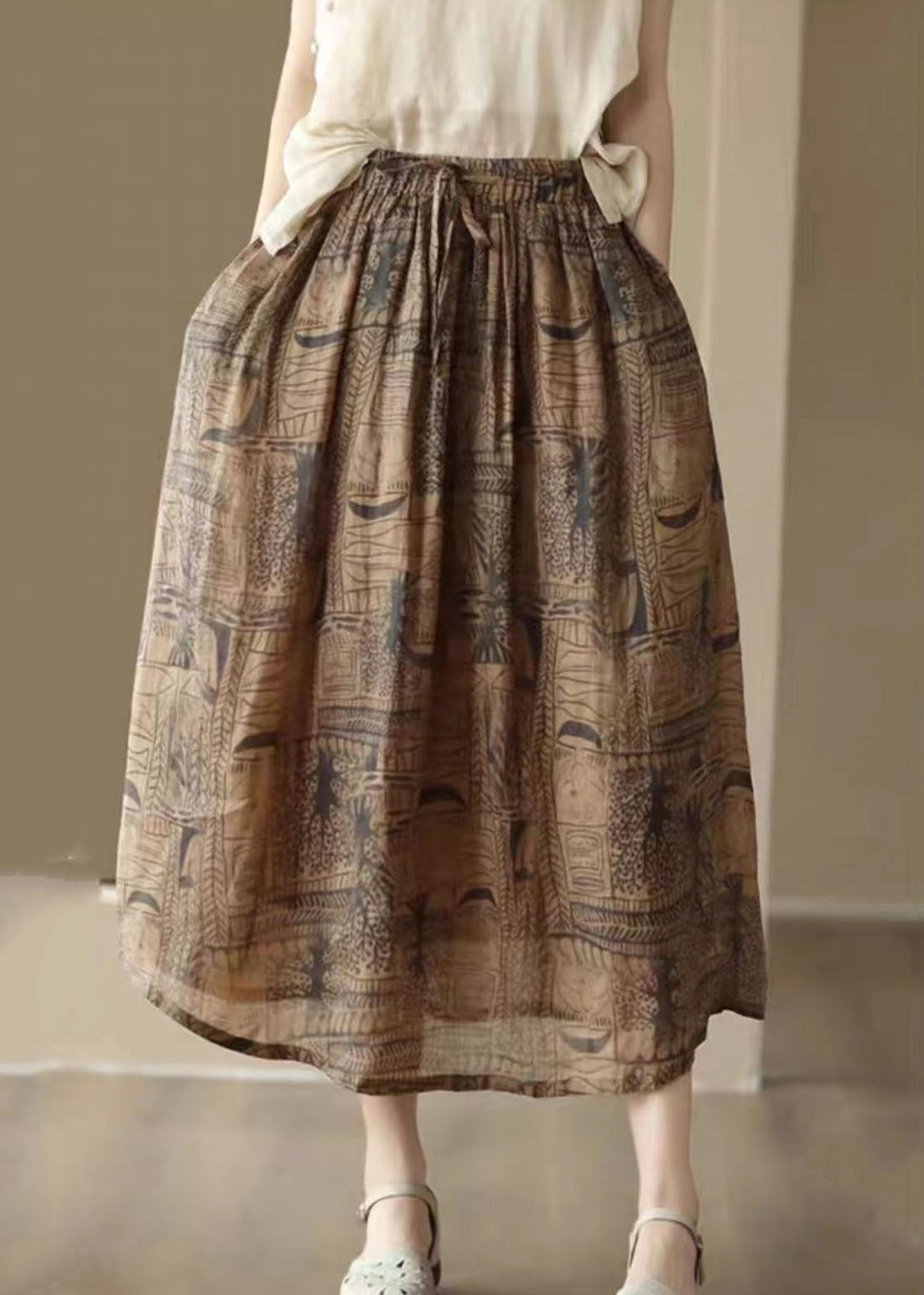 Coffee Print Cinched Patchwork Linen Skirts Summer