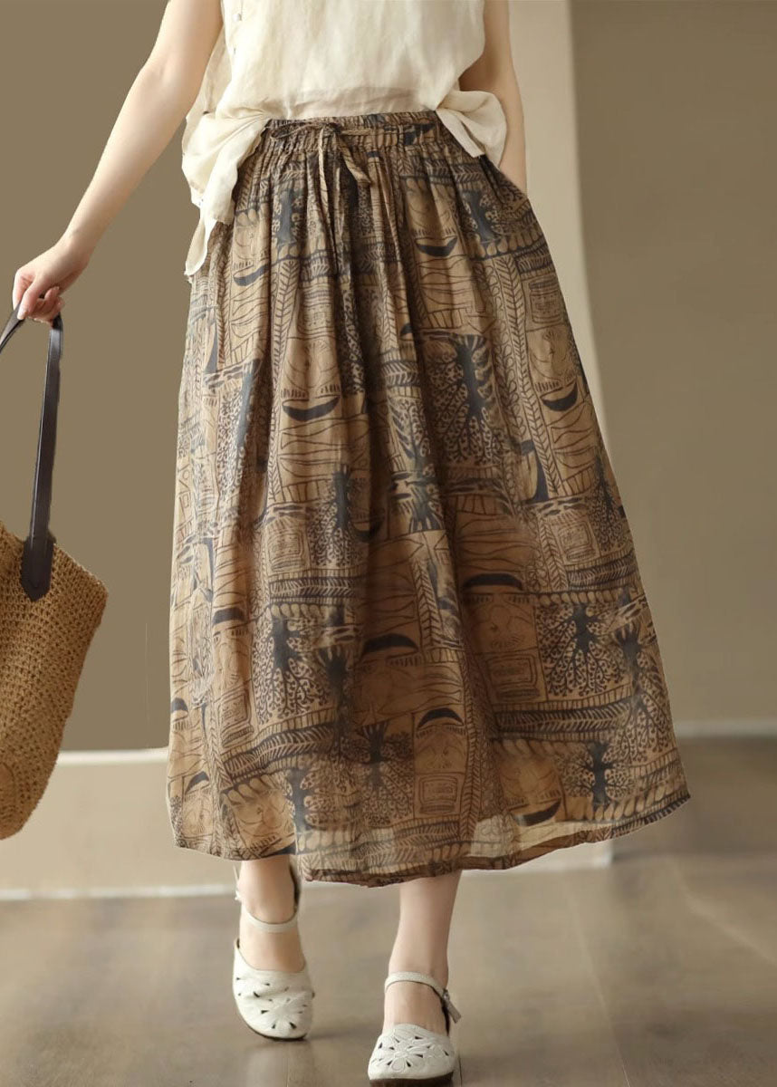 Coffee Print Cinched Patchwork Linen Skirts Summer