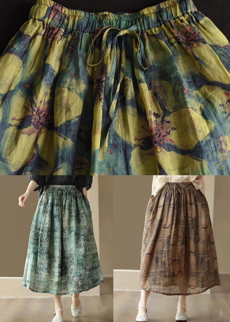 Coffee Print Cinched Patchwork Linen Skirts Summer