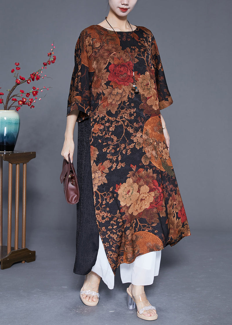 Coffee Print Patchwork Chinese Button Silk Vacation Dresses Summer