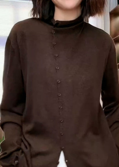 Coffee Stand Collar Button Patchwork Knit Sweaters Fall