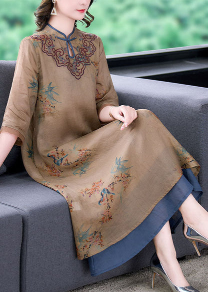 Coffee Stand Collar Embroideried Patchwork Linen Long Dresses Summer