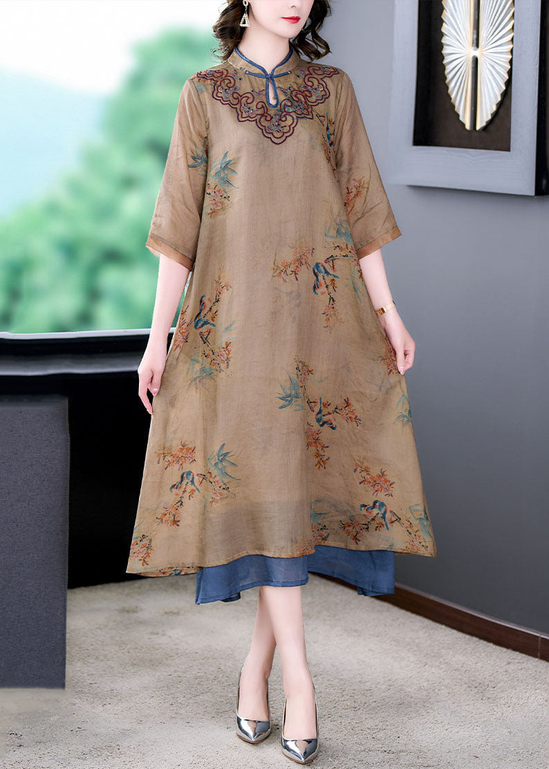 Coffee Stand Collar Embroideried Patchwork Linen Long Dresses Summer