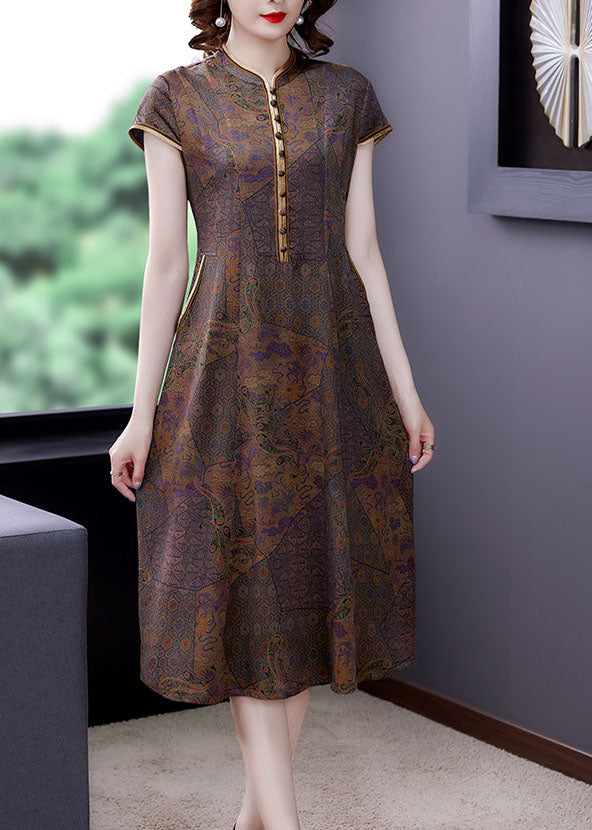 Coffee Stand Collar Print Button Patchwork Silk Dress Summer