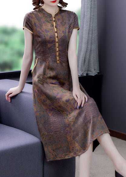 Coffee Stand Collar Print Button Patchwork Silk Dress Summer