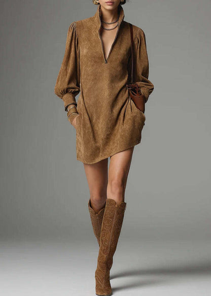 Coffee Stand Collar Zippered Pockets Faux Suede Mid Dress Spring