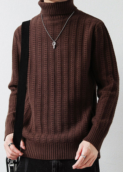 Coffee Turtleneck Thick Cotton Cable Knit Sweater Winter