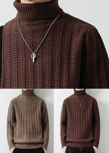 Coffee Turtleneck Thick Cotton Cable Knit Sweater Winter