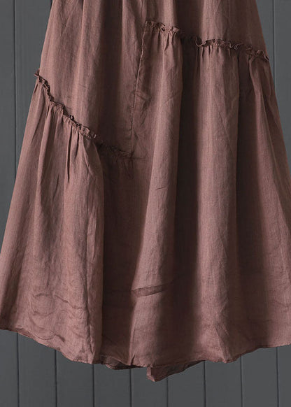 Coffee Wrinkled Elastic Waist Patchwork Linen Skirt Summer