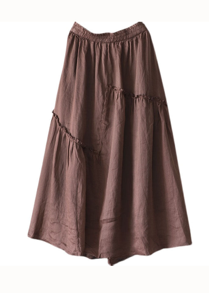 Coffee Wrinkled Elastic Waist Patchwork Linen Skirt Summer