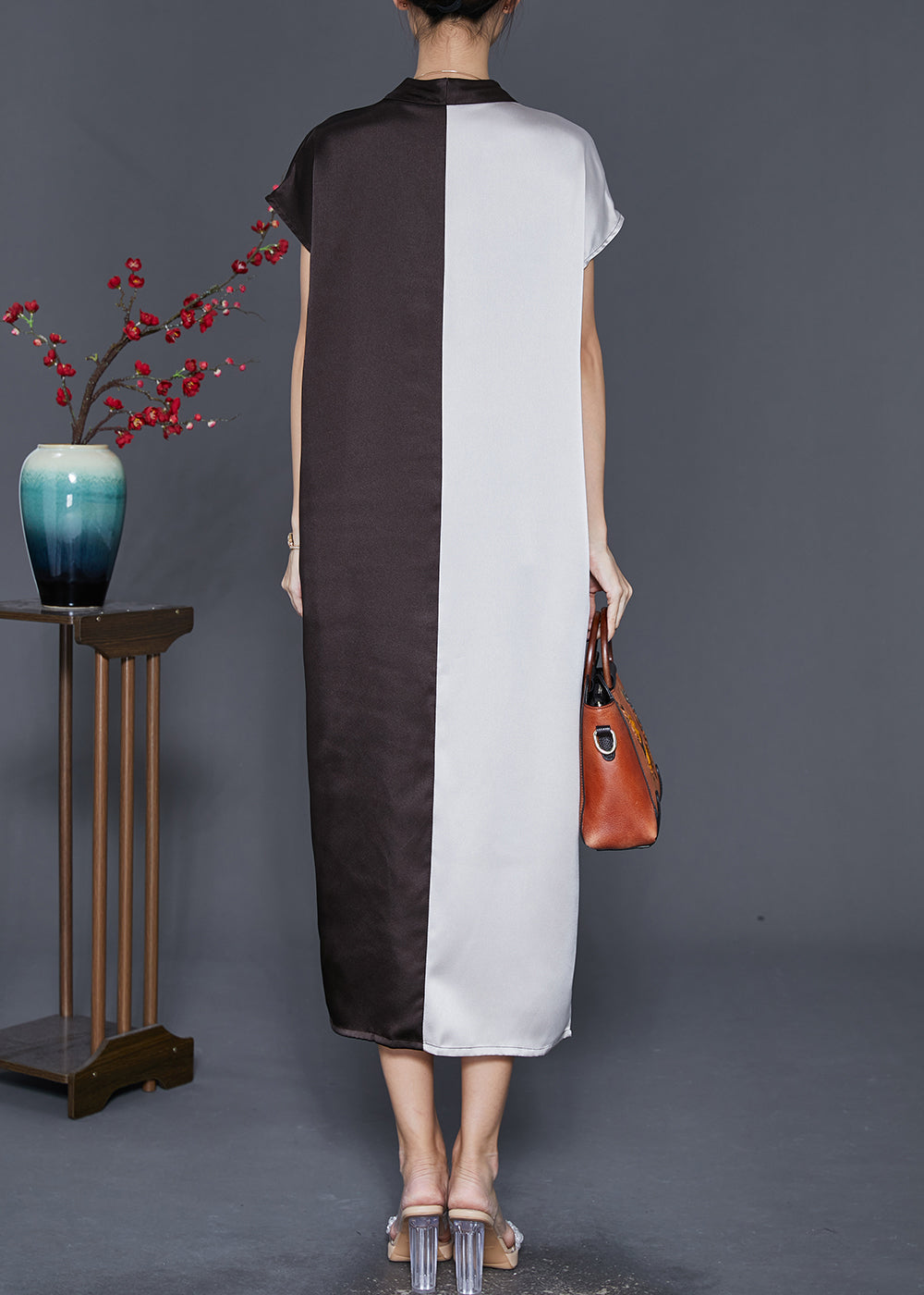 Colorblock Bow Neck Patchwork Silk Long Dresses Summer