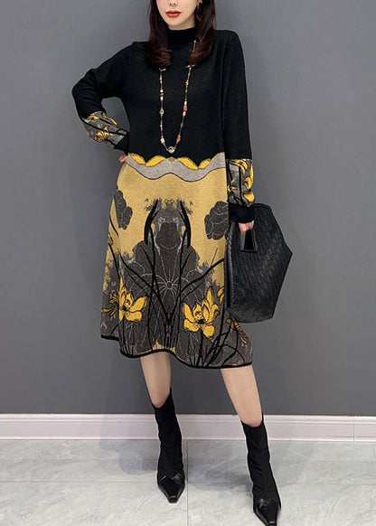Colorblock Hign Neck Patchwork Print Knitted Dress Winter