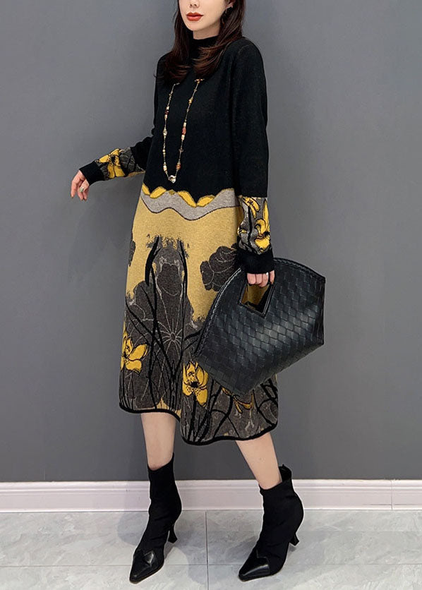 Colorblock Hign Neck Patchwork Print Knitted Dress Winter