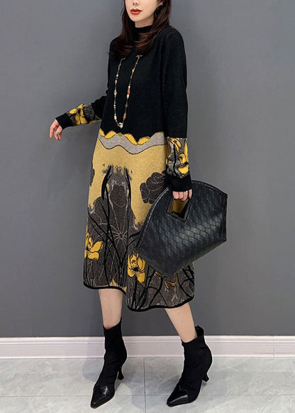 Colorblock Hign Neck Patchwork Print Knitted Dress Winter
