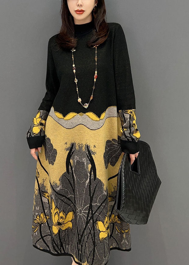 Colorblock Hign Neck Patchwork Print Knitted Dress Winter