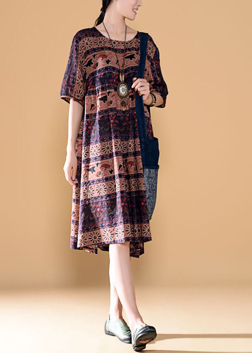 Colorblock O Neck Print Patchwork Linen Dress Summer