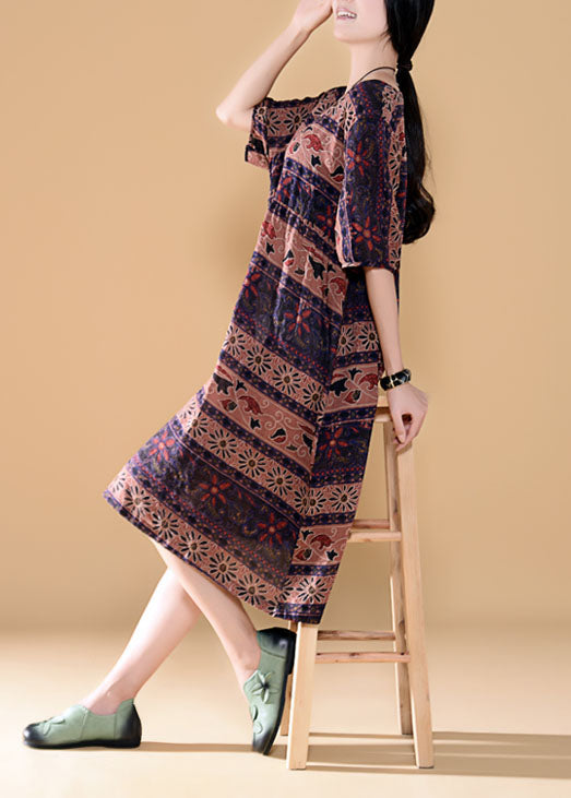 Colorblock O Neck Print Patchwork Linen Dress Summer