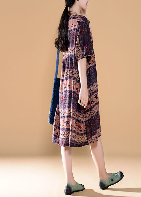 Colorblock O Neck Print Patchwork Linen Dress Summer
