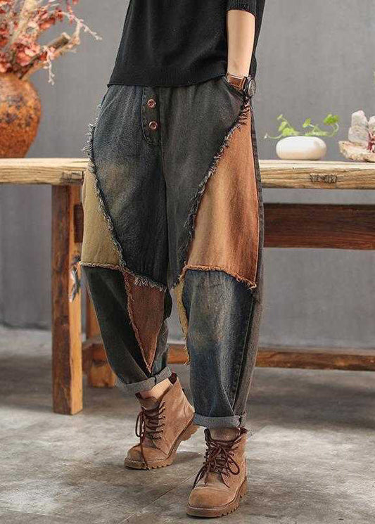 Colorblock Patchwork Elastic Waist Button Jeans