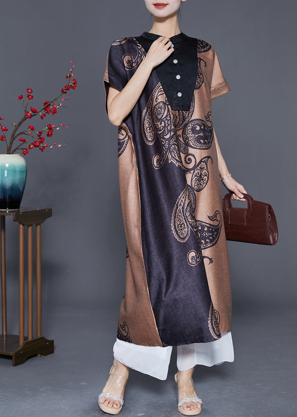 Colorblock Stand Collar Print Silk Long Dresses Summer
