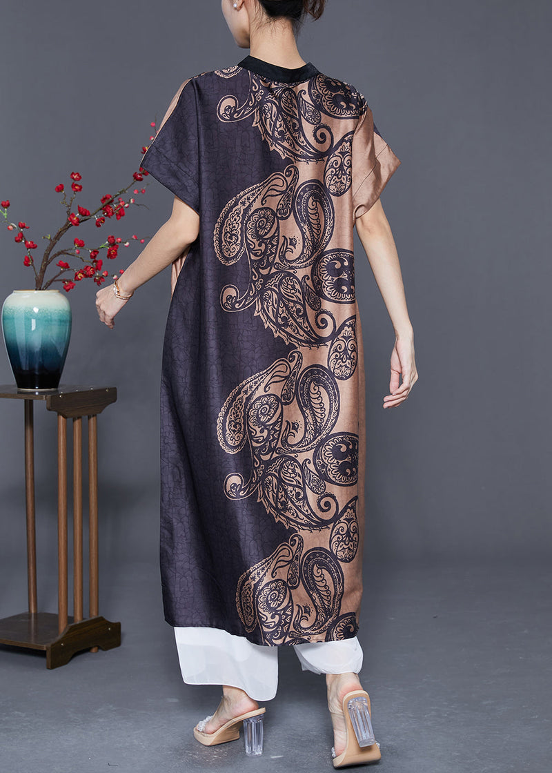 Colorblock Stand Collar Print Silk Long Dresses Summer