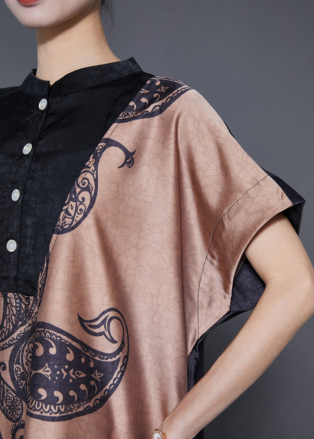 Colorblock Stand Collar Print Silk Long Dresses Summer