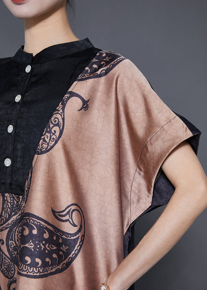 Colorblock Stand Collar Print Silk Long Dresses Summer