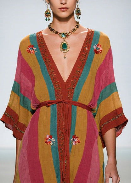 Colorblock Tie Waist Cotton Maxi Dress Summer