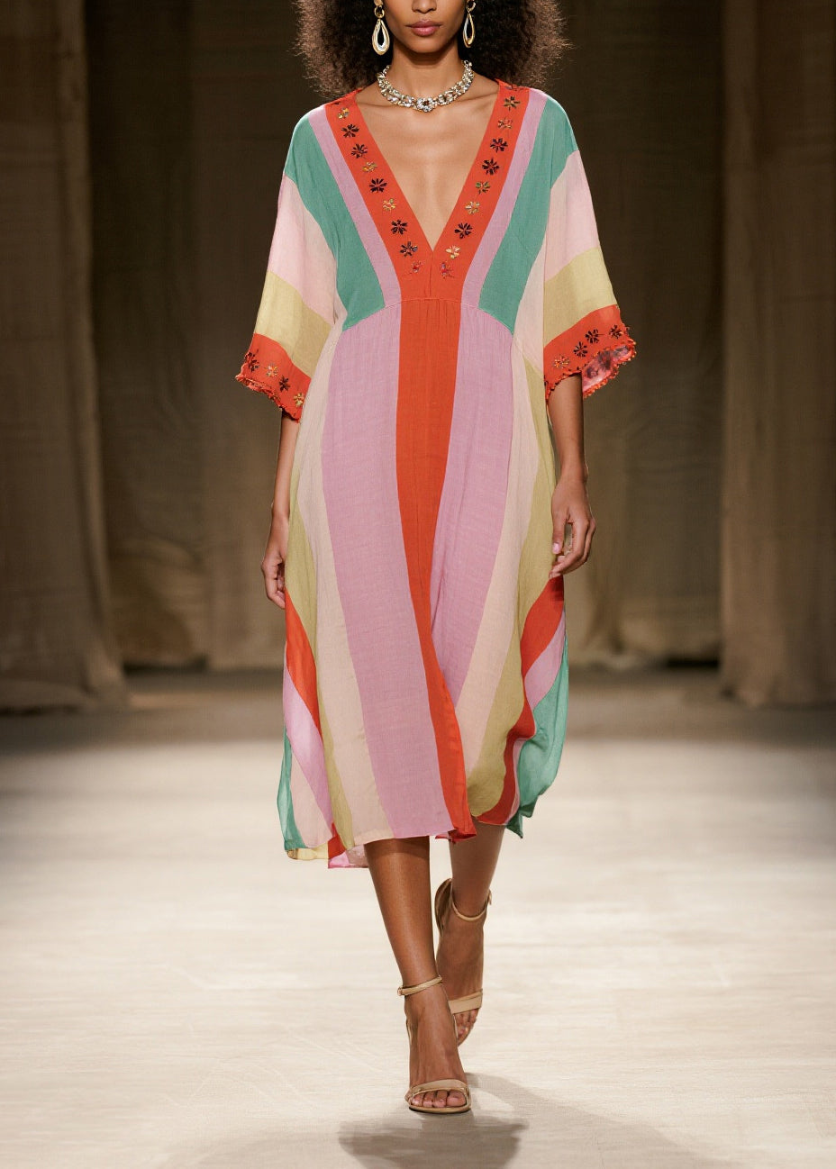 Colorblock V Neck Cotton Dresses Summer