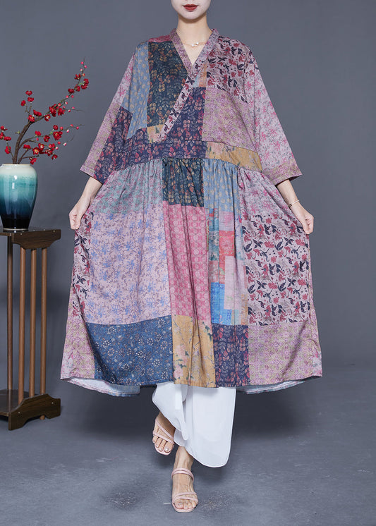Colorblock V Neck Patchwork Exra Large Hem Linen Long Dresses Bracelet Sleeve