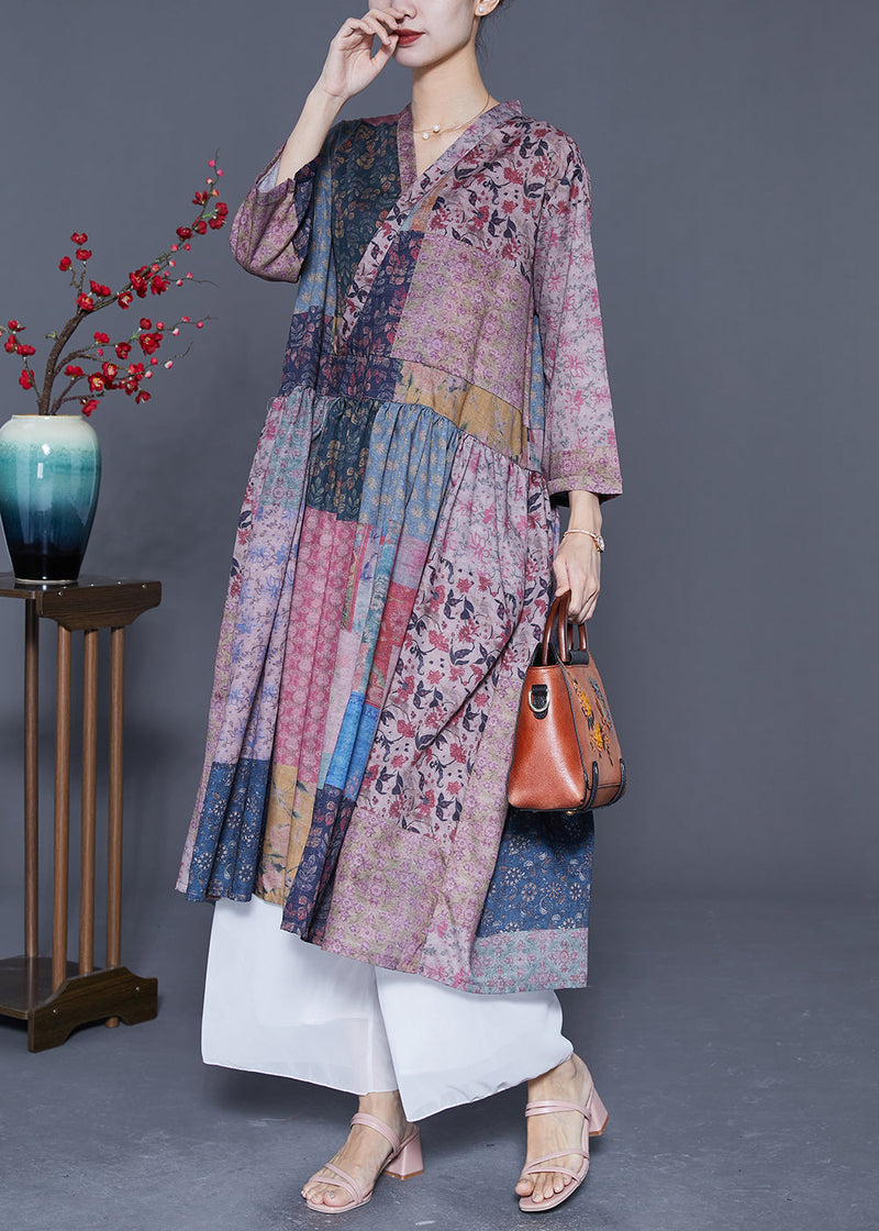Colorblock V Neck Patchwork Exra Large Hem Linen Long Dresses Bracelet Sleeve