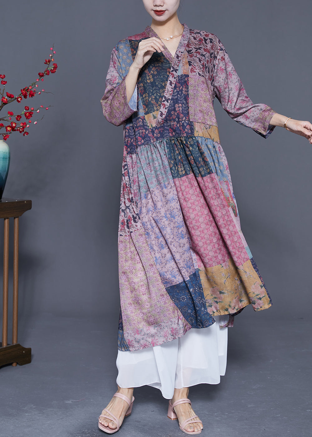 Colorblock V Neck Patchwork Exra Large Hem Linen Long Dresses Bracelet Sleeve