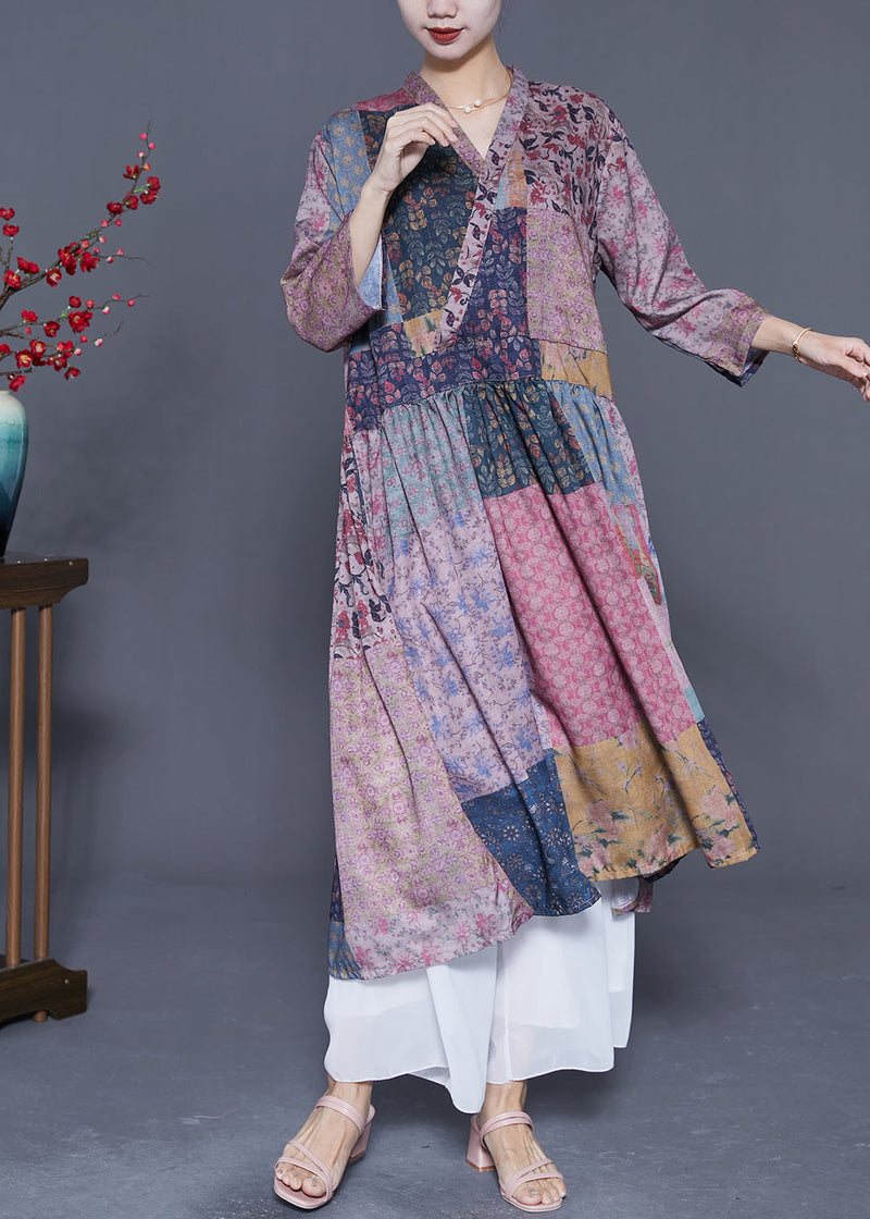 Colorblock V Neck Patchwork Exra Large Hem Linen Long Dresses Bracelet Sleeve
