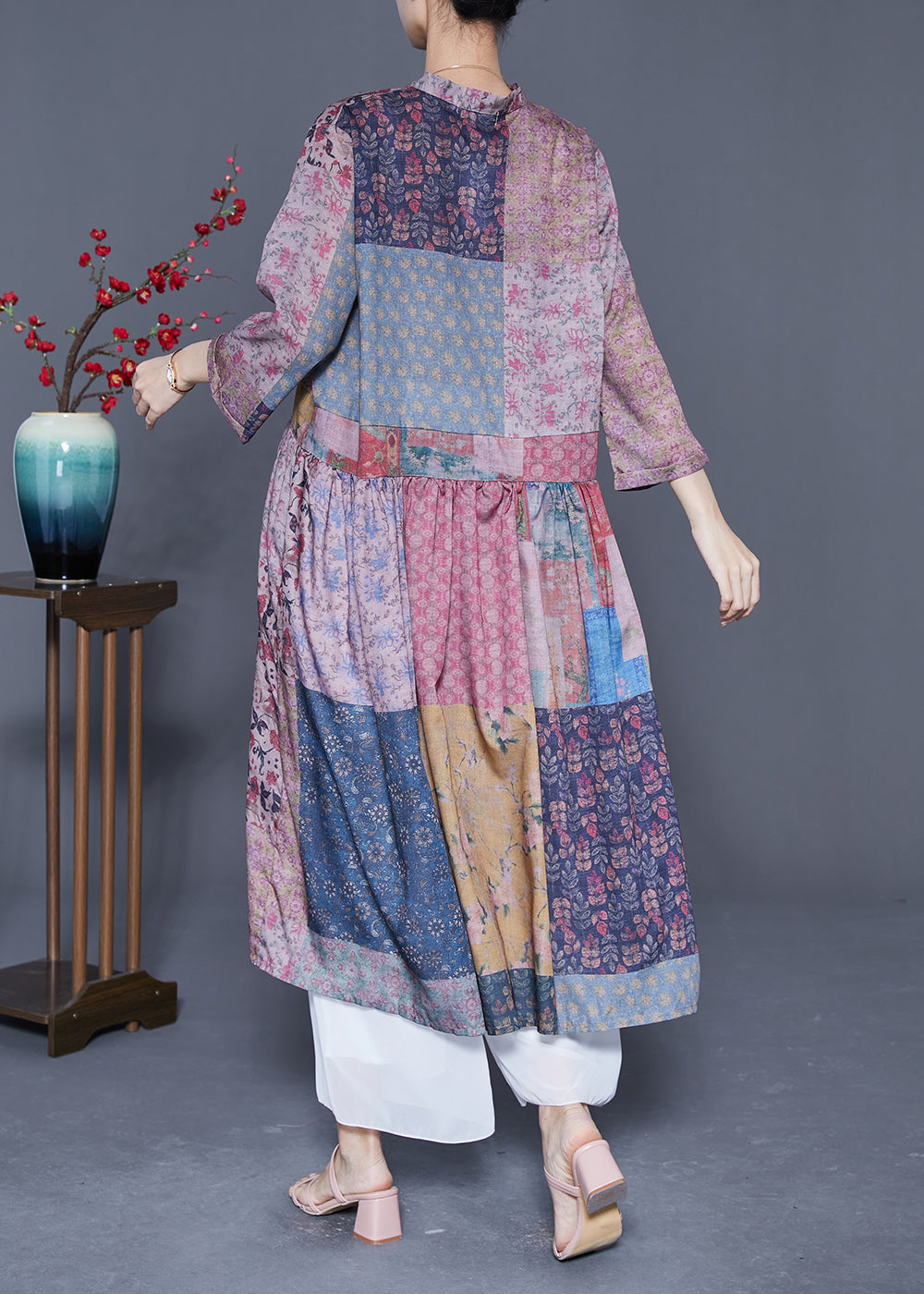 Colorblock V Neck Patchwork Exra Large Hem Linen Long Dresses Bracelet Sleeve