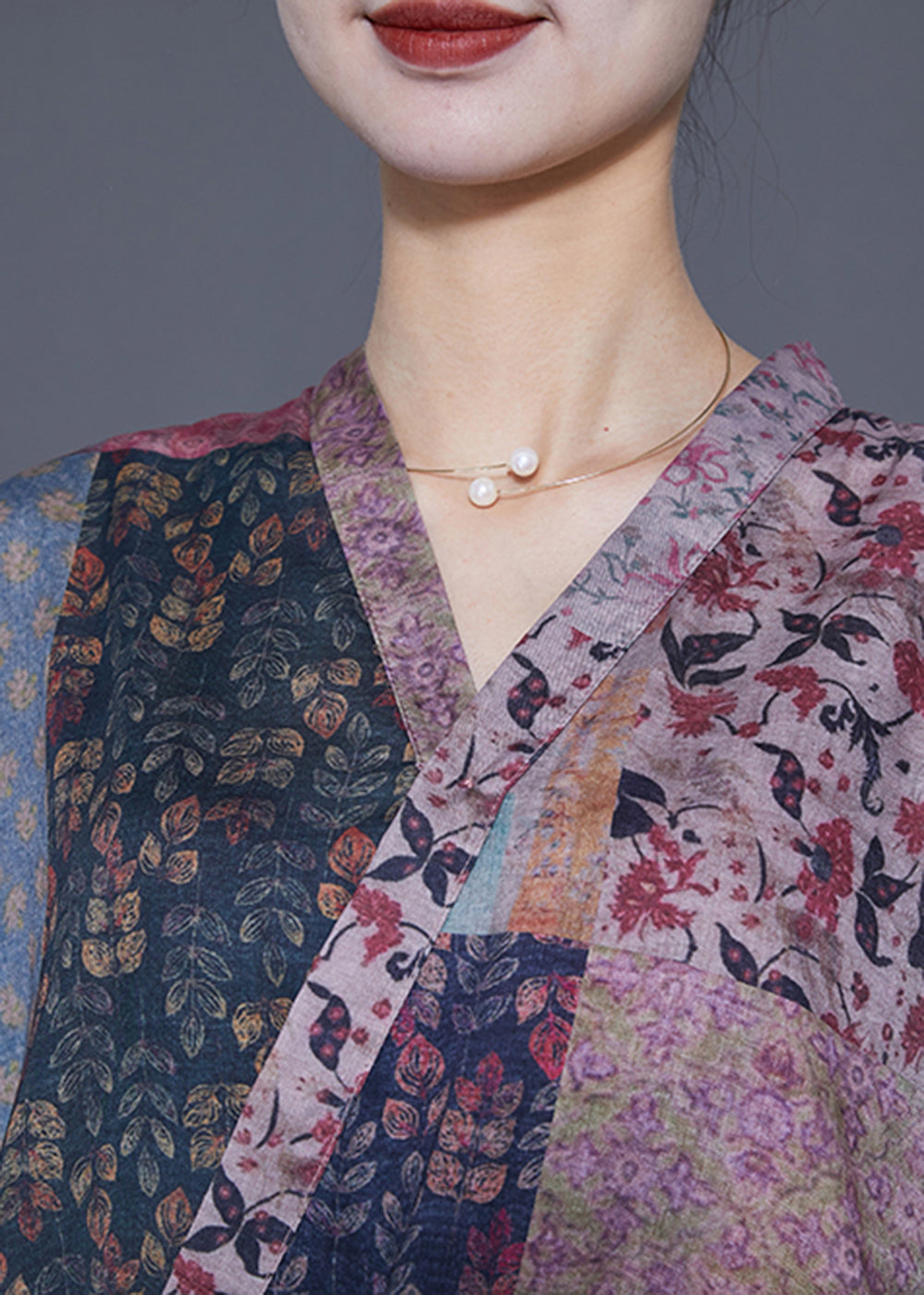 Colorblock V Neck Patchwork Exra Large Hem Linen Long Dresses Bracelet Sleeve