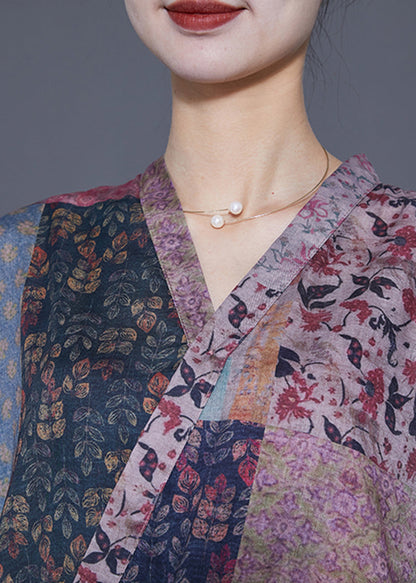 Colorblock V Neck Patchwork Exra Large Hem Linen Long Dresses Bracelet Sleeve