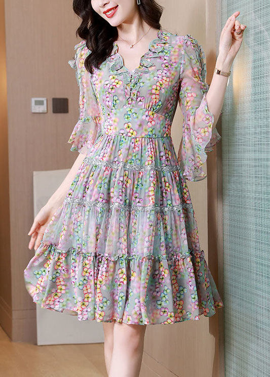 Colorblock V Neck Ruffled Patchwork Print Silk Dress Summer