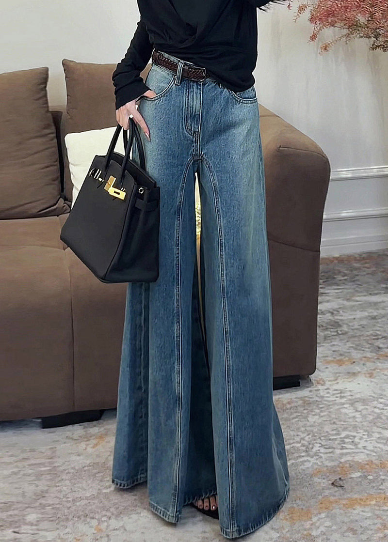 Dark Blue High Waist Pockets Draping Wide Leg Jeans Summer