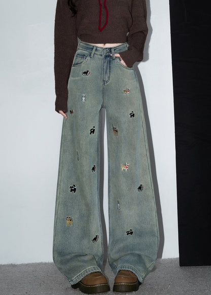 Denim Blue Embroidered Pockets Warm Fleece Pants