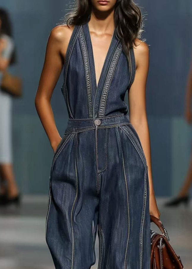 Denim Blue V Neck Pockets High Waist Jumpsuits Sleeveless