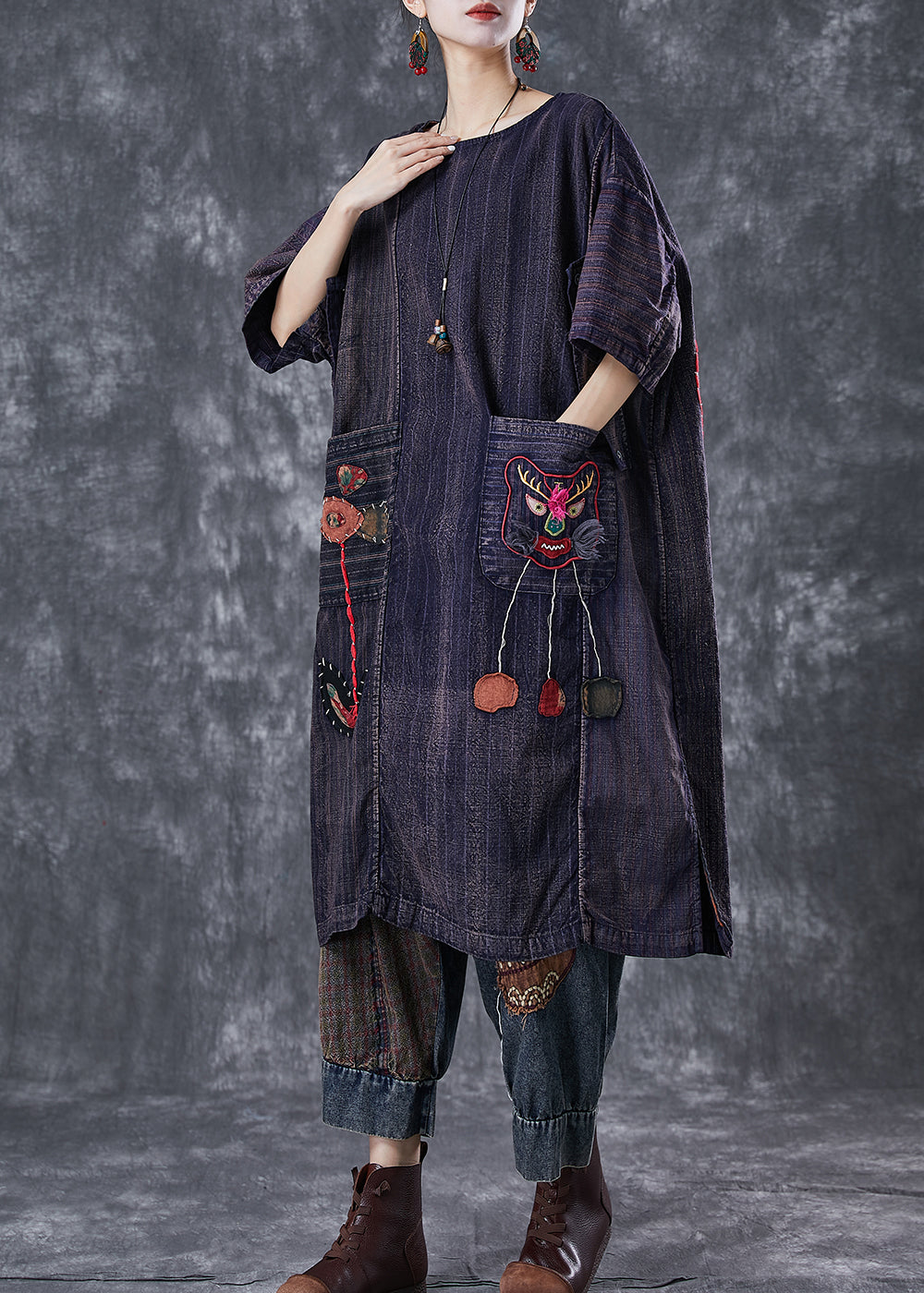 Embroidered Patchwork Applique Wear on Both Sides Cotton Dress Summer