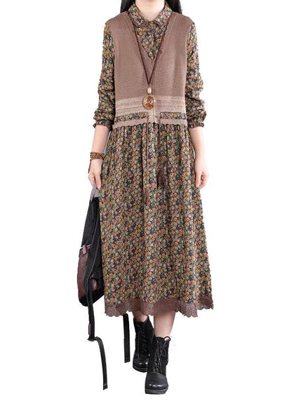 Flower Knitted Lace Drawstring Splice Fake Two Piece Dress Autumn