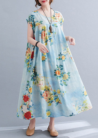 Flower Number Five O-neck Print Pockets Wrinkled Cotton Long Dress Short Sleeve