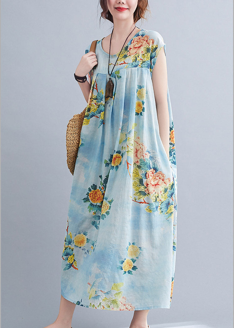 Flower Number Five O-neck Print Pockets Wrinkled Cotton Long Dress Short Sleeve