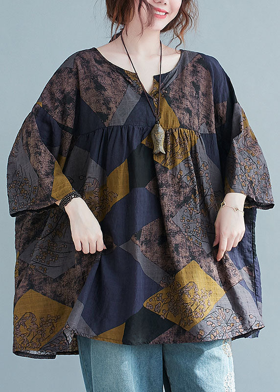 Geometric V Neck Print Patchwork Cotton Shirt Top Summer
