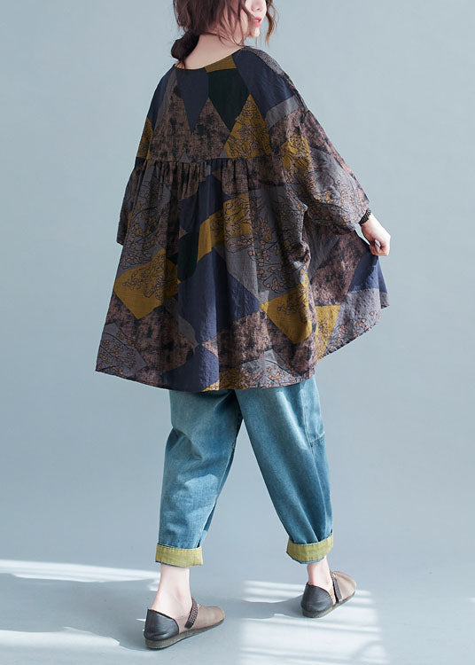 Geometric V Neck Print Patchwork Cotton Shirt Top Summer