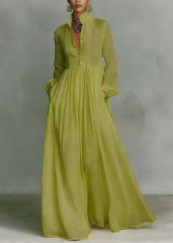 Grass Green Stand Collar Exra Large Hem Cotton Holiday Dress Summer