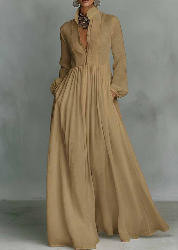 Grass Green Stand Collar Exra Large Hem Cotton Holiday Dress Summer