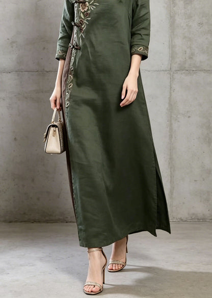 Green Embroidered Chinese Button Cotton Dress Summer